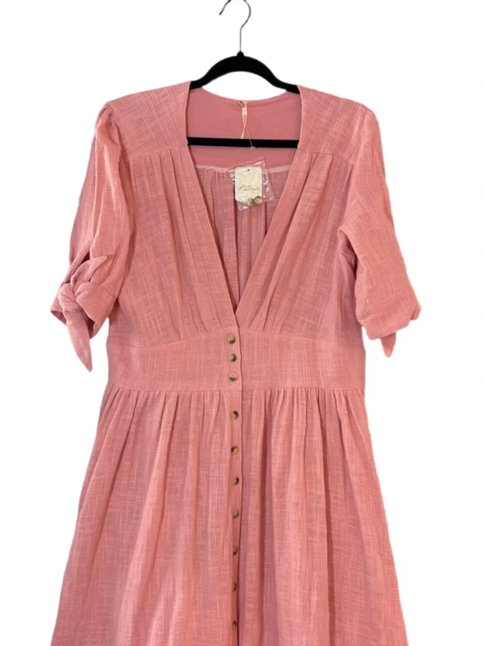 Free People Peach Button Front Midi Dress Tie Sleeve Size L NWT - Picture 5 of 9